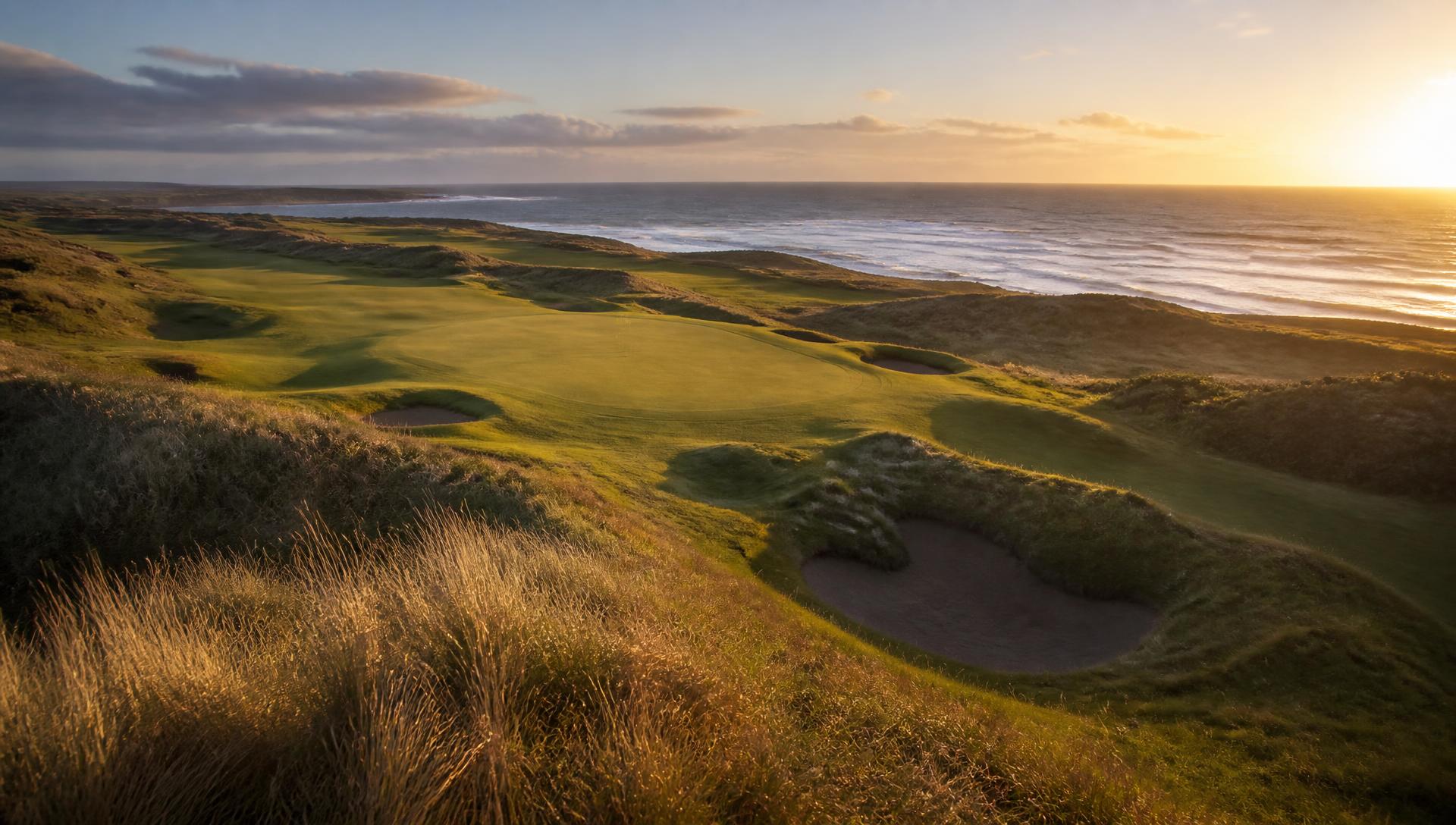 Empty coastal links golf course at golden hour